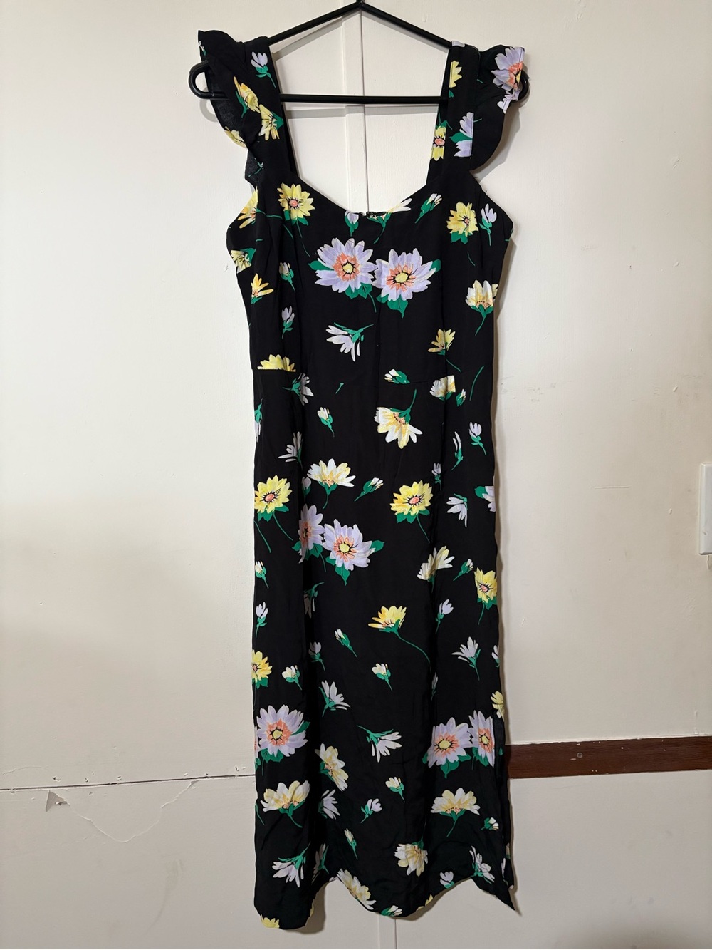 LOFT Black Midi Dress with Yellow and Lavender Floral Print
